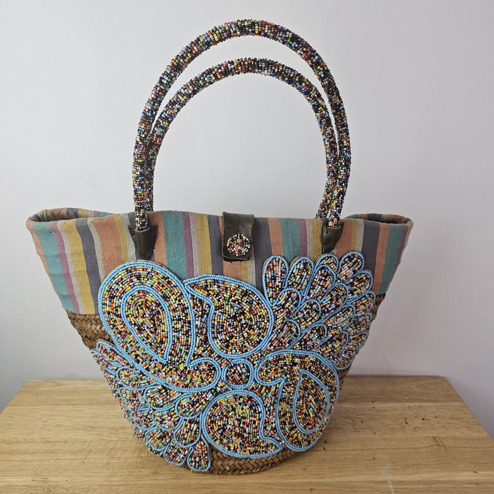 African Gullah Handmade Straw Fabric Tote Handbag Beaded Double Handles Purse